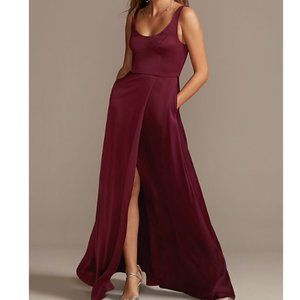 David's Bridal Scoop Tank Crepe-Back Satin Dress in Wine - NWT